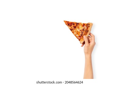 Slice Of Pepperoni Pizza In Hand Isolated On White. Top View On Paperoni Pizza. Concept For Italian Food, Street Food, Fast Food, Quick Bite. Banner With Copy Space.