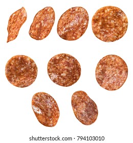 Slice Of Pepperoni Or Salami On Isolated White Background