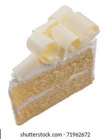 Slice Piece Of Vanilla Cake Topping With White Chocolate Chips For Coffee Or Tea Break, An Image Isolated On White 