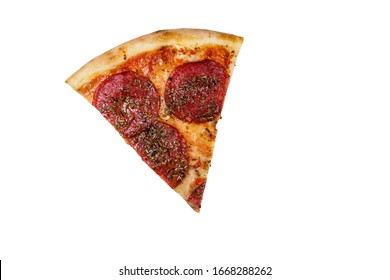 Slice of pizza with sausage and cheese isolated on white background