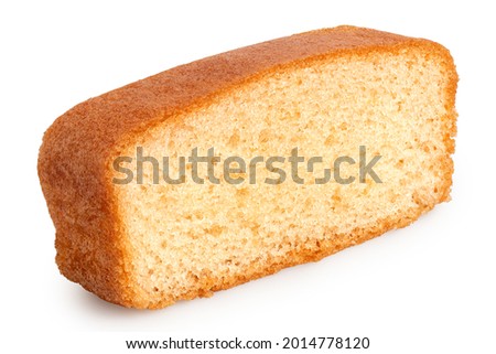 Slice of plain sponge cake isolated on white.