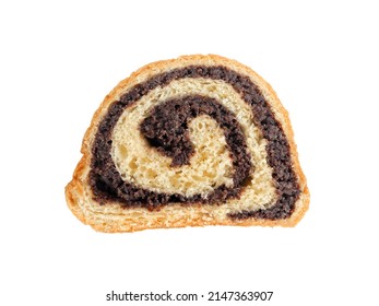 Slice of poppy seed roll top view close up isolated on white background                               