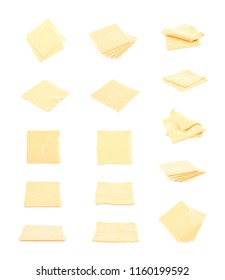 Slice Of Processed Cheese Isolated Over The White Background, Set Of Multiple Different Foreshortenings