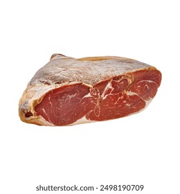 A slice of Prosciutto Crudo, showcasing its rich, marbled texture and deep red color. This Italian dry-cured ham is perfect for charcuterie boards, gourmet sandwiches, and antipasto platters. - Powered by Shutterstock