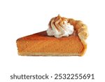 Slice of pumpkin pie isolated on white background