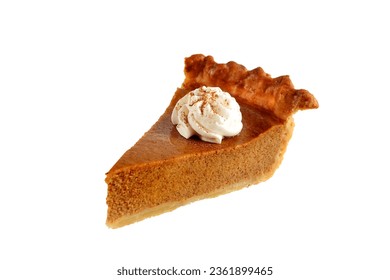 Slice of pumpkin pie isolated on white background