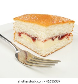 Slice Of Raspberry Sponge Cake With A Fork