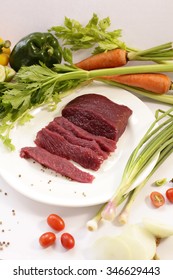 Slice Raw Ostrich Meat With Vegetable