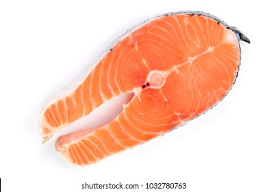 Slice Of Red Fish Salmon Isolated On White Background. Top View. Flat Lay