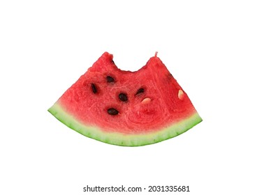 A slice of red watermelon in the shape of a triangle with a bitten off top. Black seeds are visible on the cut. Isolated on a white background without shadow.