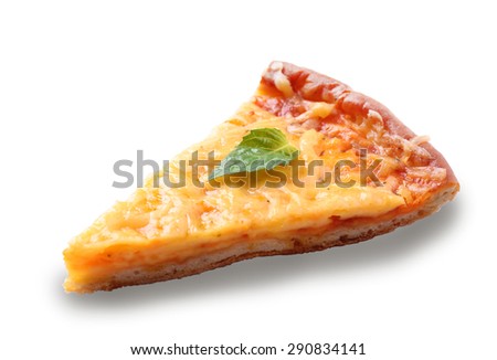 Slice of tasty cheese pizza with basil isolated on white