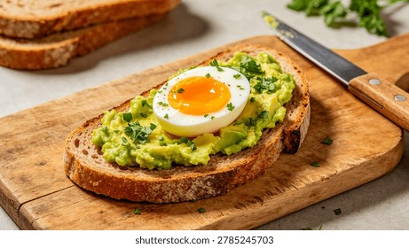 A slice of toasted bread topped with mashed avocado, a soft-boiled egg, and fresh herbs on a wooden cutting board, a healthy breakfast option.
