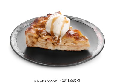 Slice Of Traditional Apple Pie With Ice Cream Isolated On White