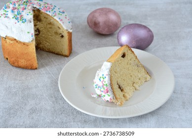 a slice of Traditional Easter Kulich with Icing, Sprinkles on a plate and Eggs copy space - Powered by Shutterstock - Get 15% off with code: PIKWIZARD15