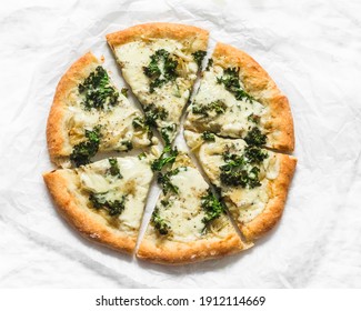 Slice Of Vegetarian Potato, Kale Cabbage, Mozzarella Cheese Pizza On A Light Background, Top View