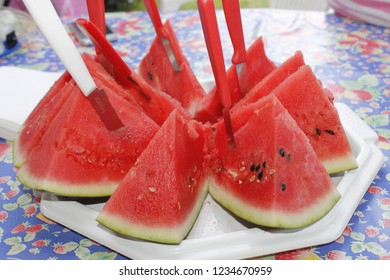 Slice of watermelon on a table, fruit in summer concept