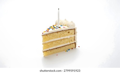 A slice of yellow cake with three layers of white frosting and colorful sprinkles on with a single lit candle standing upright.