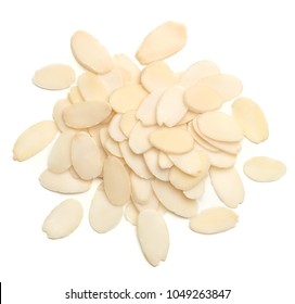 Sliced Almonds Pile From Top View Isolated On White Background