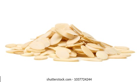 Sliced almonds / Slivered almonds / Peeled or hulled almond slices pile isolated on white background - Shutterstock ID 1037724244