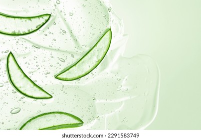 sliced aloe slices in green color aloe gel, flat lay, body and skin care concept