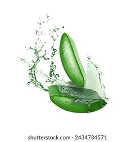 Sliced aloe vera leaf and splashes of juice on white background