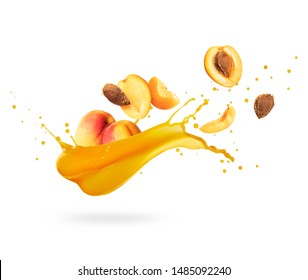 Sliced apricot with splashes of fresh juice, isolated on white background