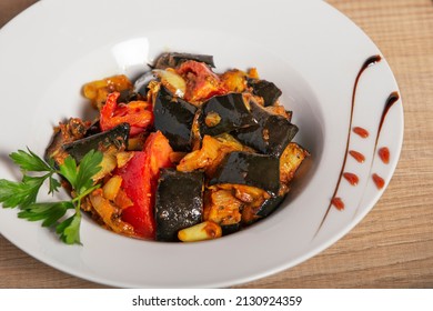 Sliced Aubergines With Spices. Brinjal Bhaji