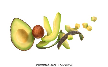 sliced avocado on a white background with avocado peel