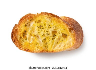 Sliced Baked Bread With Garlic And Herbs On A White Background. View From Directly Above.