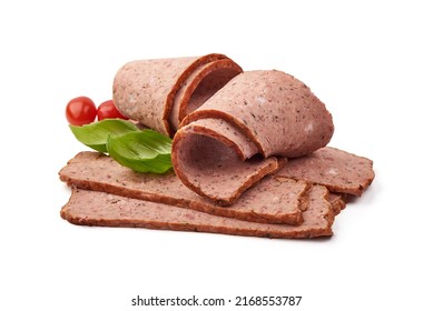 Sliced Baked Meatloaf, Minced Meat Roll, Isolated On White Background