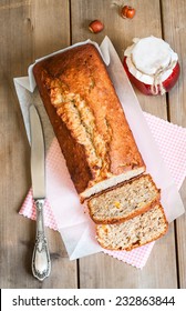 Sliced Banana Bread On The Wooden Table. Top View