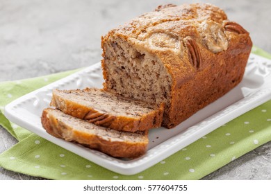 Sliced Banana Bread With A Pecan Nuts