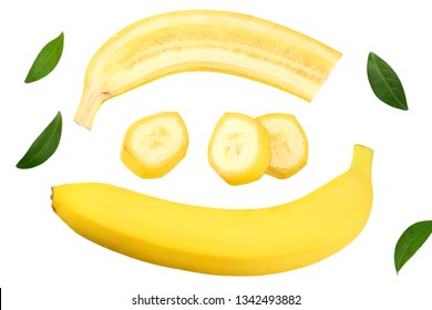 Sliced Banana With Green Leaves Isolated On White Background. Top View