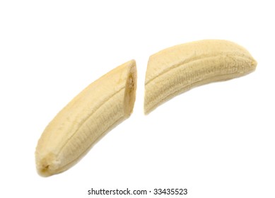 Sliced bananas without peel on white background.