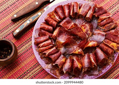 Sliced Basturma Or Meat Jerky.Beef Jerky,dried Beef On Plate.Armenian Food