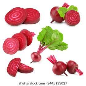 sliced beetroot with green leaves isolated on white background. clipping path