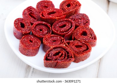 Sliced Berry Fruit Roll  In A Bowl.selective Focus