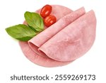 Sliced boiled ham sausage, isolated on white background