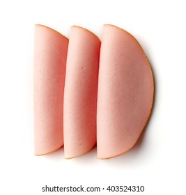 Sliced Boiled Ham Sausage Isolated On White Background, Top View