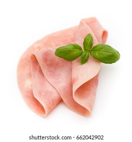 Sliced Boiled Ham Sausage Isolated On White Background, Top View.