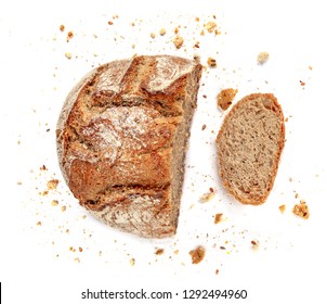 Sliced Bread Isolated On  White Background. Crumbs And Fresh Bread Slices Close Up. Bakery, Food Concept. Top View