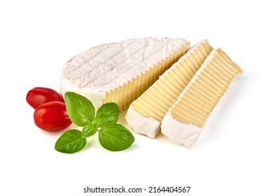 Sliced Camembert cheese with red cherry tomatoes and basil leaves isolated on white background. - Powered by Shutterstock