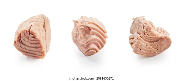 Sliced Canned Tuna Fish Pieces As Ingredient For Cooking Recipe Placed In Row On White Background