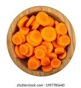 Sliced Carrots In A Bowl Isolated On White Background. Fresh Cut Crisp Pieces Of  Carrots, A Root Vegetable With Orange Color. Edible Taproot.  File Contains Clipping Path.