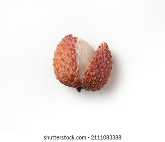 Sliced ​​lychee. Chinese plum. Fruit shell. Purified Lychee. Pieces of juicy fruit on a bright background.