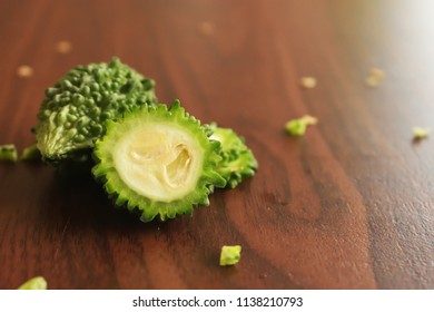 Sliced & Chopped Bitter Gourd  On The Wooden Background Free Royalty Free Stock Images