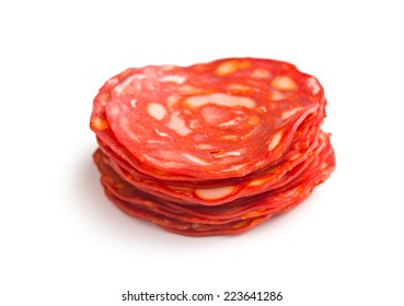 Sliced Chorizo Salami On White Background