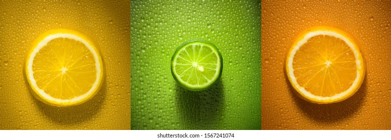 Sliced citrus fruit orange lemon and lime with water droplets creating texture - fresh and healthy food concept image