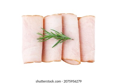 sliced cold smoked turkey breast isolated on white background. top view