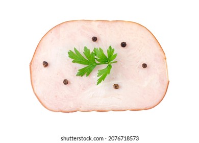 Sliced Cold Smoked Turkey Breast Isolated On White Background. Top View